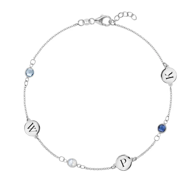 Personalized Classic 3 Letter & 3 Birthstone Bracelet in 14k Gold sold by Haverhill