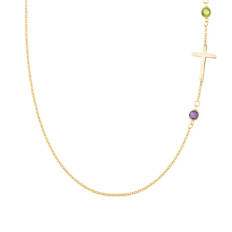 Personalized Classic Cross & 2 Birthstone Necklace in 14k Gold sold by Haverhill
