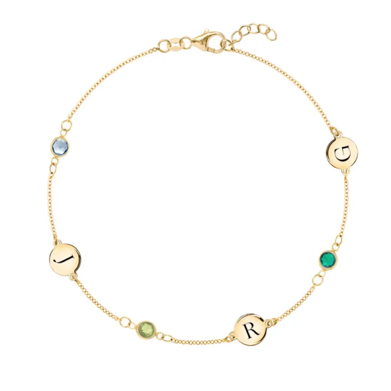 Personalized 3 Letter & 3 Classic Birthstone Bracelet in 14k Gold sold by Haverhill