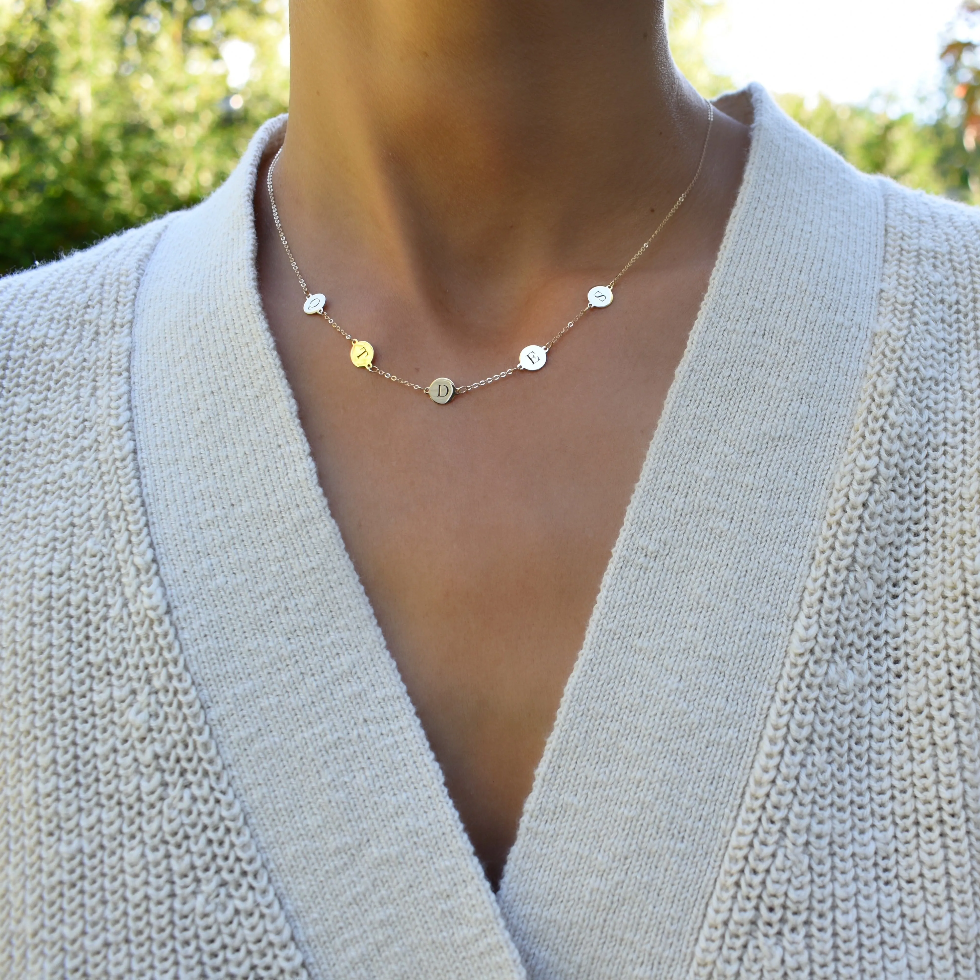 Personalized 5 Letter Necklace in 14k Gold (Double Spacing) sold by Haverhill product image thumbnail 2