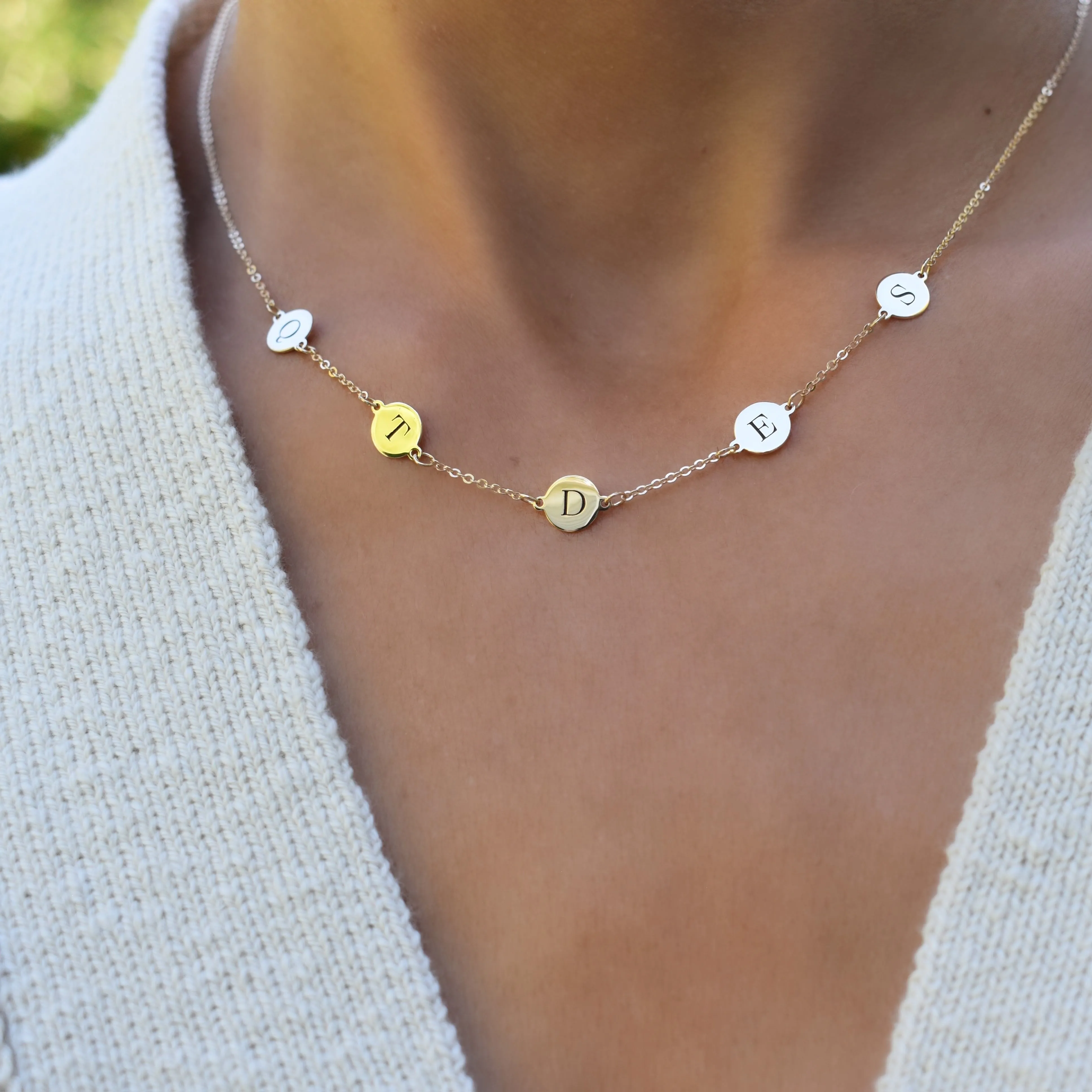 Personalized 5 Letter Necklace in 14k Gold (Double Spacing) sold by Haverhill product image thumbnail 3