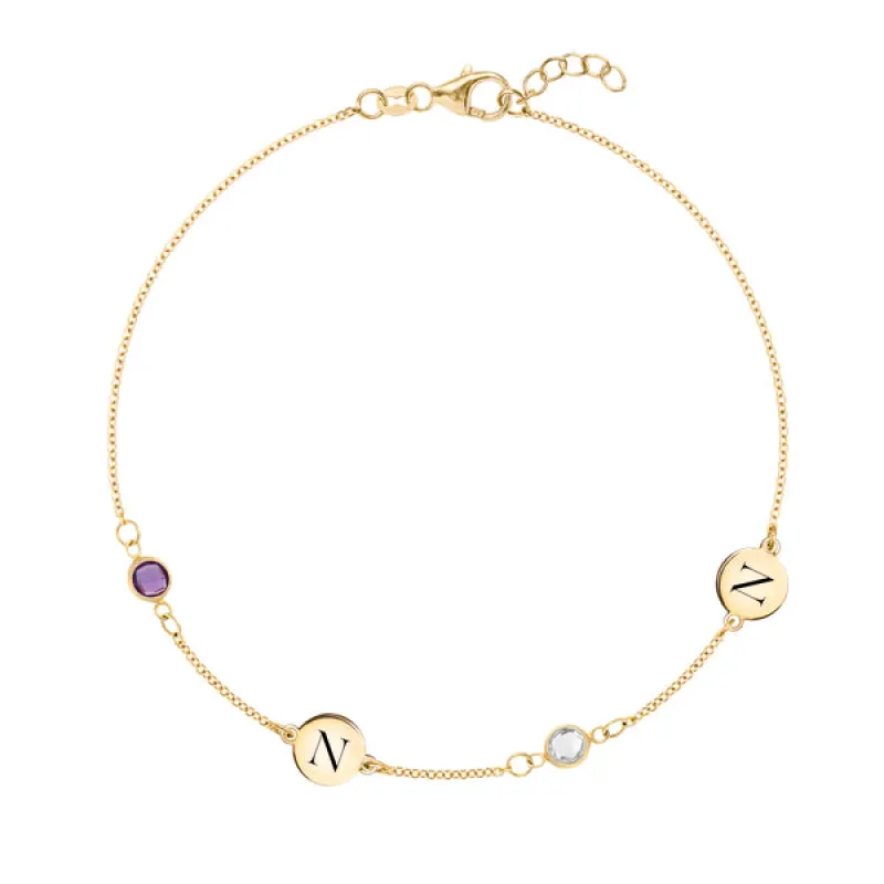 Personalized Classic 2 Letter & 2 Birthstone Bracelet in 14k Gold sold by Haverhill