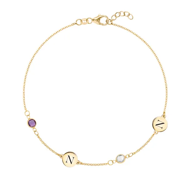 Personalized Classic 2 Letter & 2 Birthstone Bracelet in 14k Gold sold by Haverhill