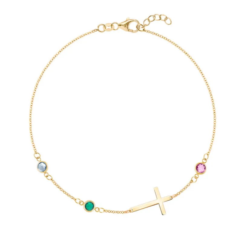 Personalized Classic Cross & 3 Birthstone Bracelet in 14k Gold sold by Haverhill