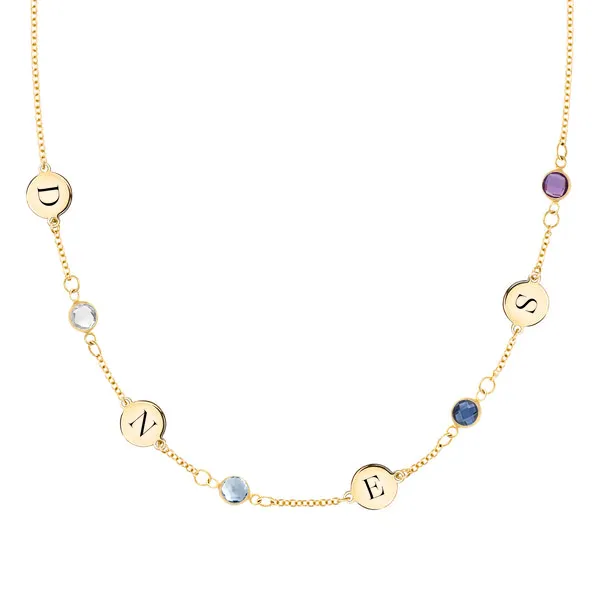 Personalized Classic 4 Letter & 4 Birthstone Necklace in 14k Gold (Single Spacing) sold by Haverhill
