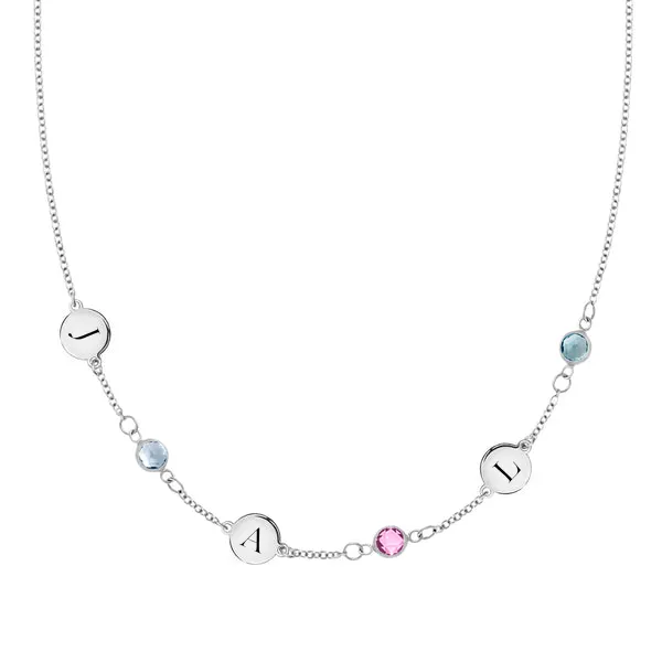 Personalized Classic 3 Letter & 3 Birthstone Necklace in 14k Gold (Single Spacing) sold by Haverhill