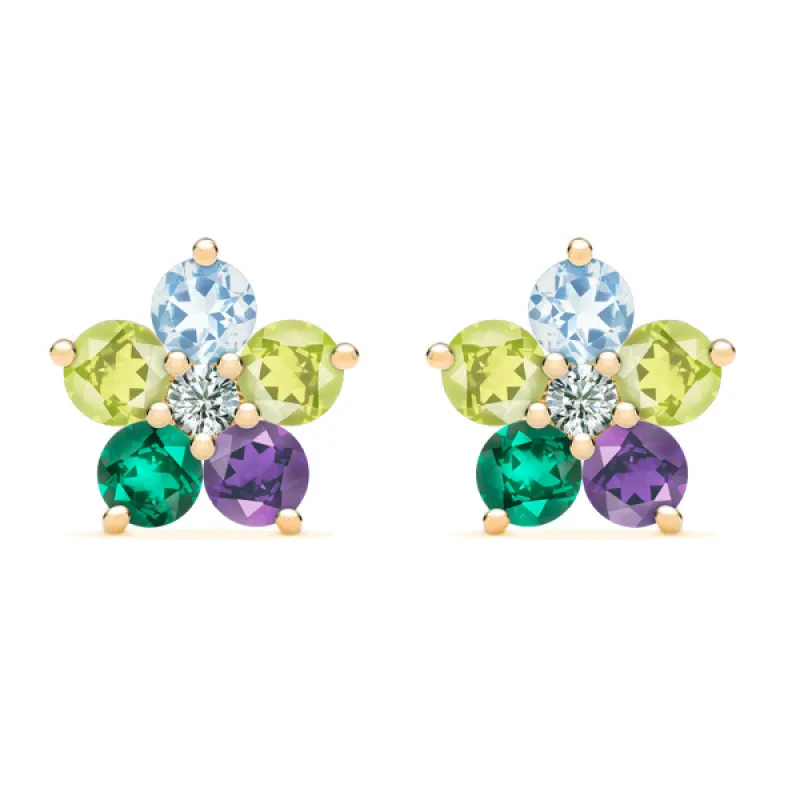 Personalized Greenwich Flower Birthstone & Diamond Earrings in 14k Gold sold by Haverhill