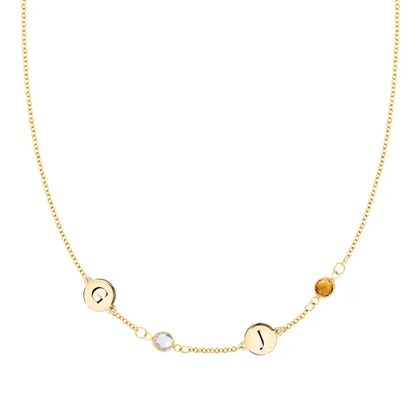 Personalized Classic 2 Letter & 2 Birthstone Necklace in 14k Gold (Single Spacing) sold by Haverhill