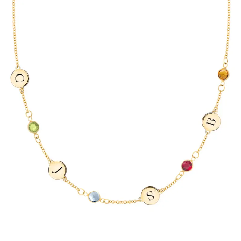Personalized Classic 4 Letter & 4 Birthstone Necklace in 14k Gold (Single Spacing) sold by Haverhill