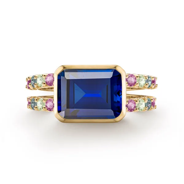 Personalized Warren Horizontal Birthstone Ring with Accent Stones in 14k Gold sold by Haverhill