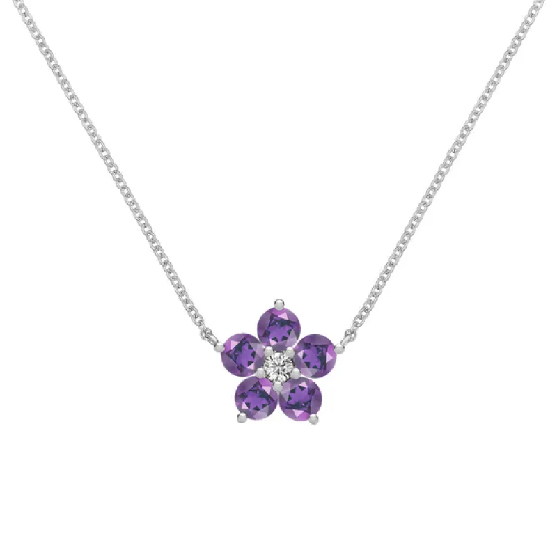 Personalized Greenwich Flower Birthstone & Diamond Necklace in 14k Gold sold by Haverhill