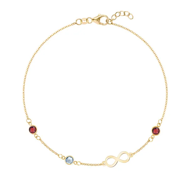 Personalized Classic Infinity & 3 Birthstone Bracelet in 14k Gold sold by Haverhill