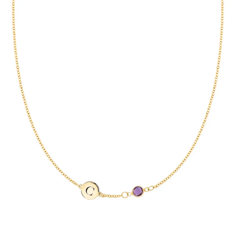 Personalized Classic 1 Letter & 1 Birthstone Necklace in 14k Gold (Single Spacing) sold by Haverhill