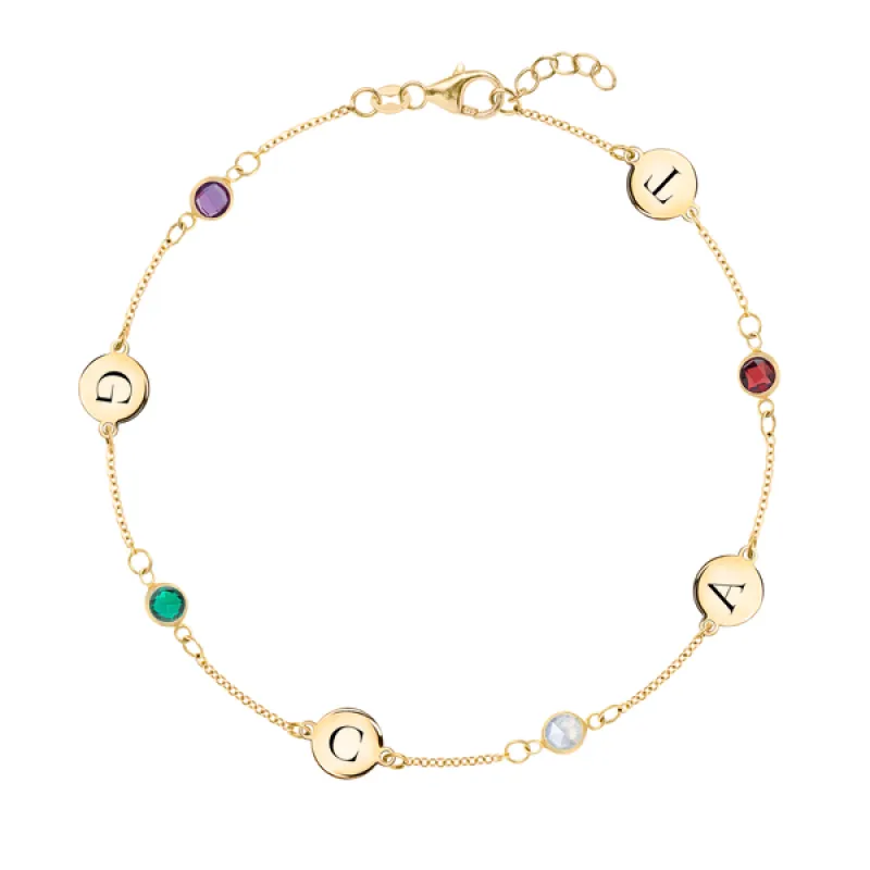 Personalized Classic 4 Letter & 4 Birthstone Bracelet in 14k Gold sold by Haverhill