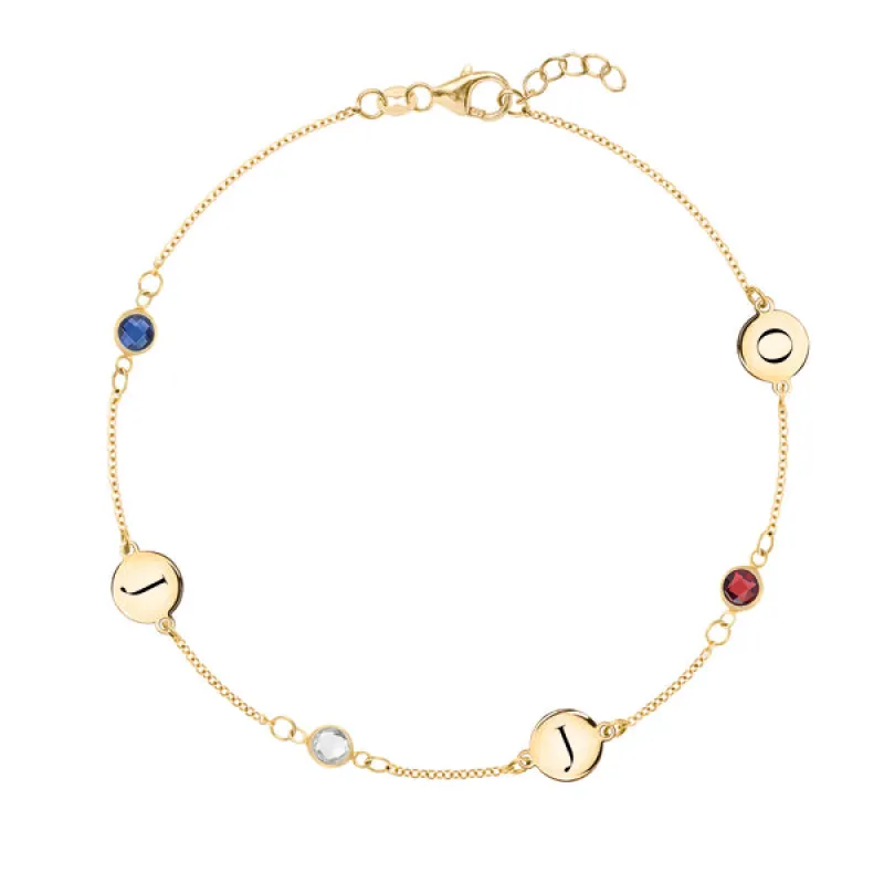 Personalized Classic 3 Letter & 3 Birthstone Bracelet in 14k Gold sold by Haverhill