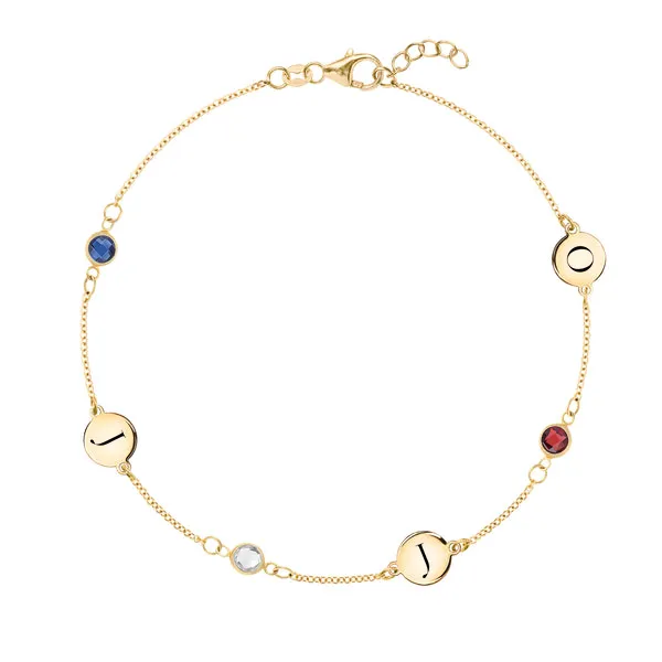 Personalized Classic 3 Letter & 3 Birthstone Bracelet in 14k Gold sold by Haverhill