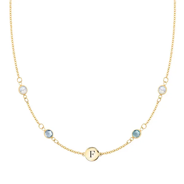 Personalized Classic 1 Letter & 4 Birthstone Necklace in 14k Gold (Double Spacing) sold by Haverhill