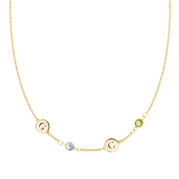 Personalized 2 Letter & 2 Classic Birthstone Necklace in 14k Gold (Single Spacing) sold by Haverhill
