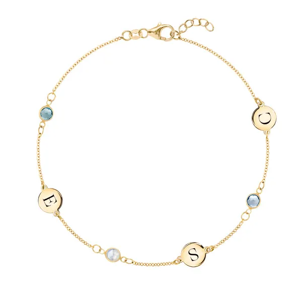 Personalized Classic 3 Letter & 3 Birthstone Bracelet in 14k Gold sold by Haverhill