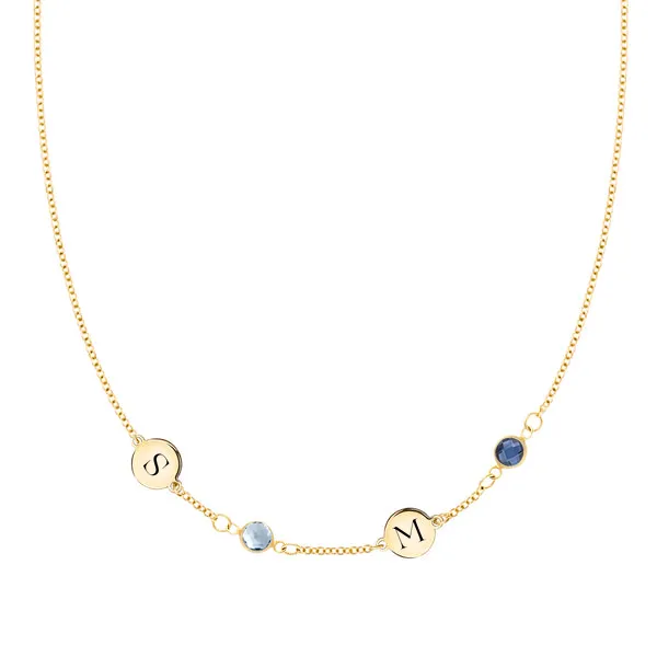 Personalized Classic 2 Letter & 2 Birthstone Necklace in 14k Gold (Single Spacing) sold by Haverhill