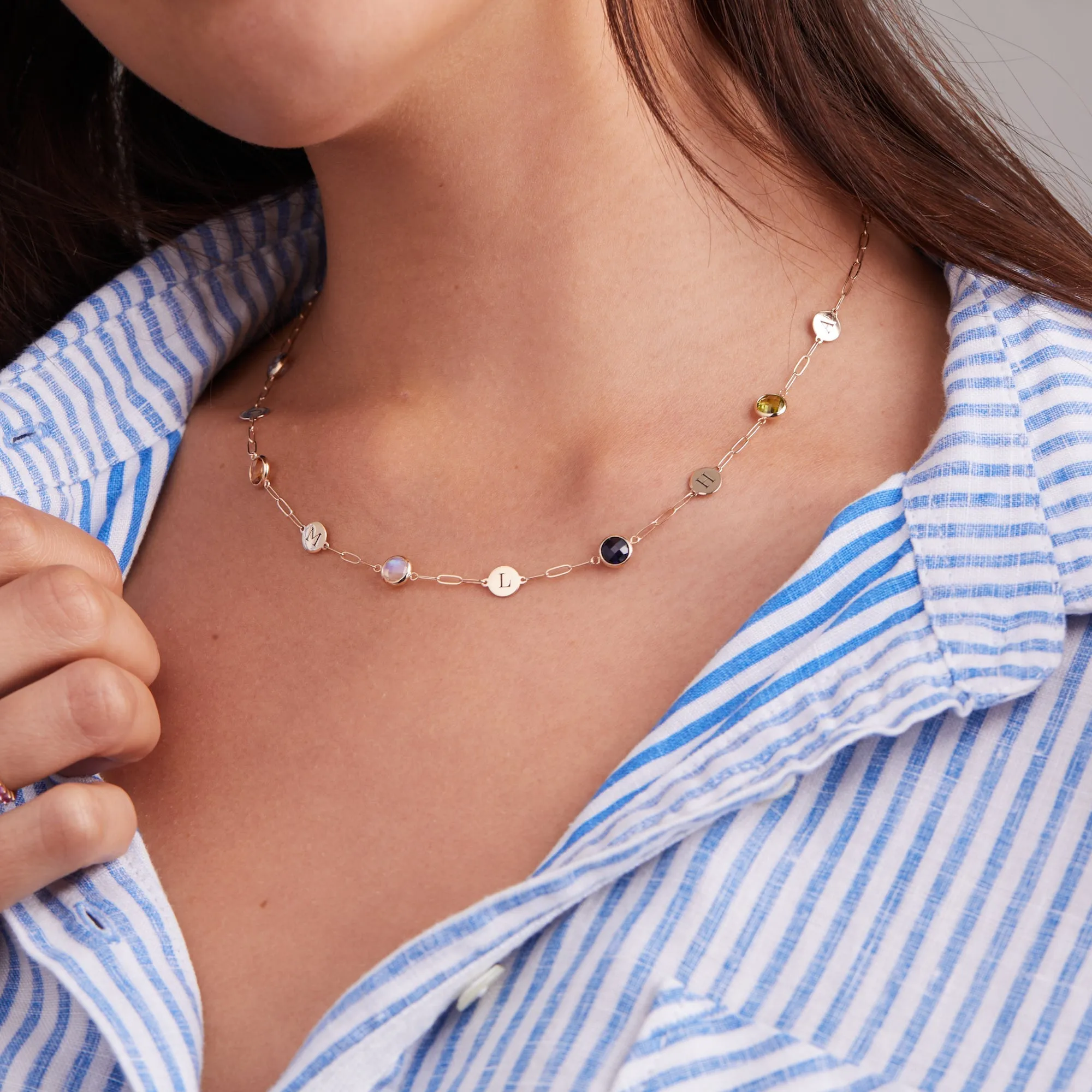 Personalized 5 Letter & 5 Grand Birthstone Adelaide Mini Necklace in 14k Gold sold by Haverhill product image thumbnail 3