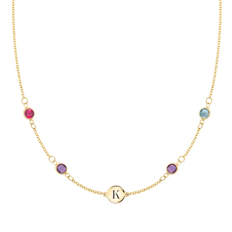 Personalized Classic 1 Letter & 4 Birthstone Necklace in 14k Gold (Double Spacing) sold by Haverhill
