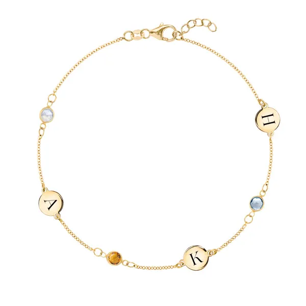 Personalized 3 Letter & 3 Classic Birthstone Bracelet in 14k Gold sold by Haverhill