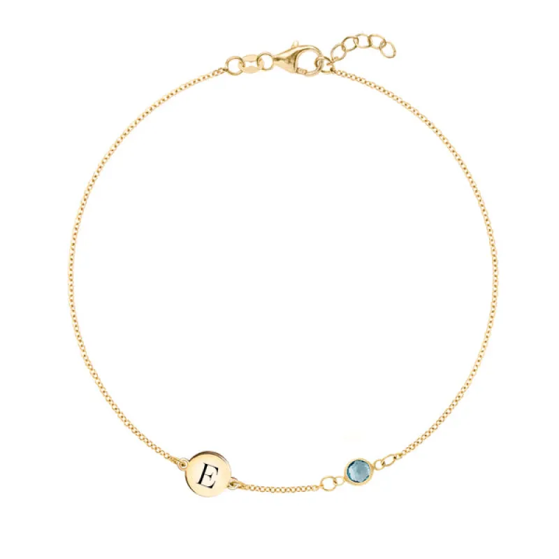 Personalized Classic 1 Letter & 1 Nantucket Blue Topaz Bracelet in 14k Gold (December) sold by Haverhill