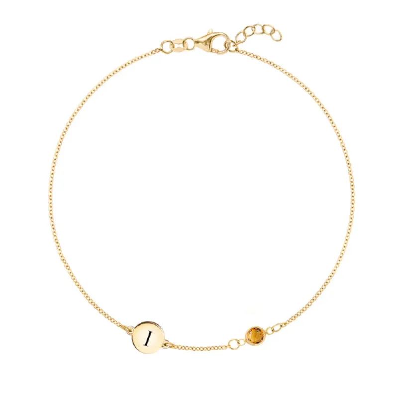 Personalized 1 Letter & 1 Classic Citrine Bracelet in 14k Gold (November) sold by Haverhill