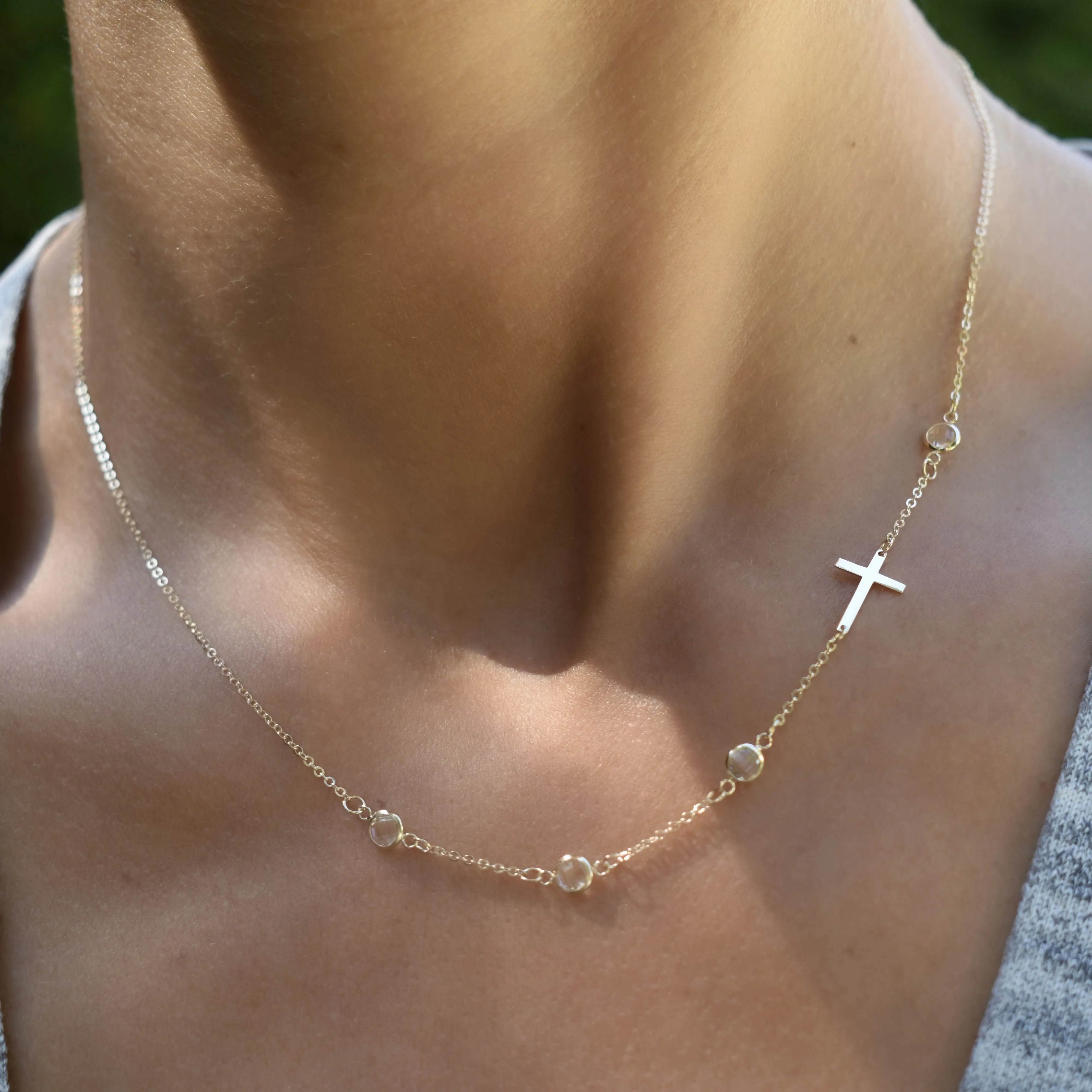 Personalized Classic Cross & 4 Birthstone Necklace in 14k Gold sold by Haverhill product image thumbnail 3