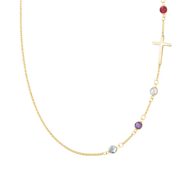 Personalized Classic Cross & 4 Birthstone Necklace in 14k Gold sold by Haverhill