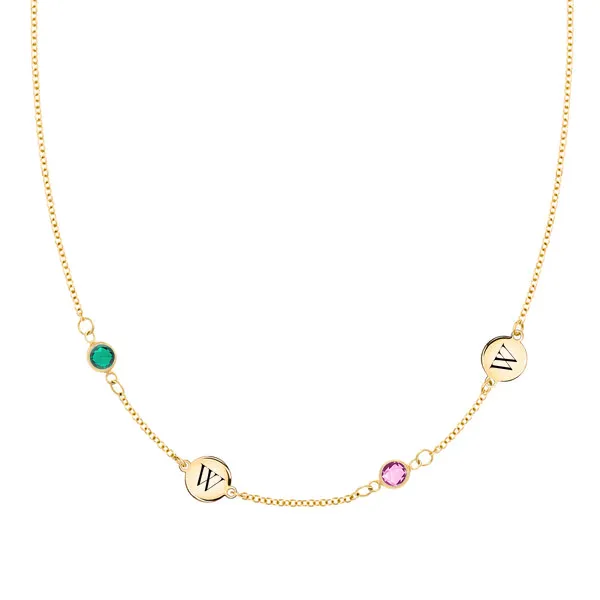 Personalized Classic 2 Letter & 2 Birthstone Necklace in 14k Gold (Double Spacing) sold by Haverhill
