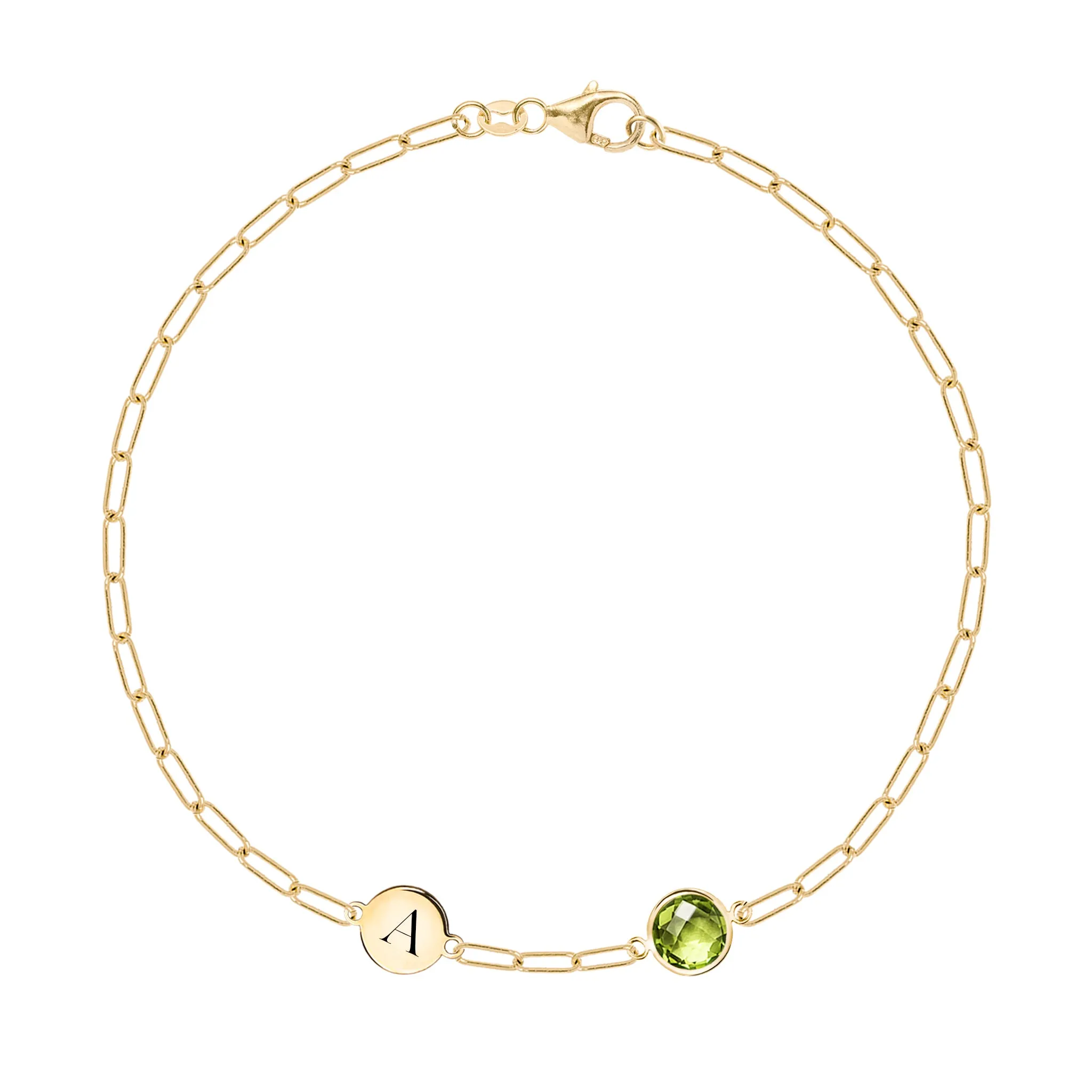 1 Letter & 1 Grand Peridot Adelaide Mini Bracelet in 14k Gold (August) sold by Haverhill