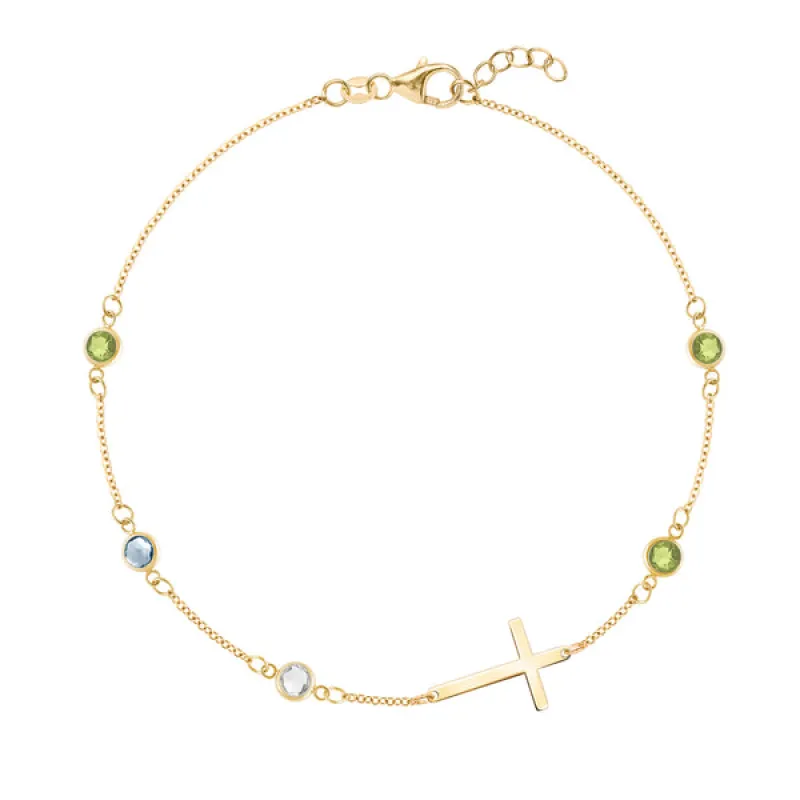 Personalized Classic Cross & 5 Birthstone Bracelet in 14k Gold sold by Haverhill
