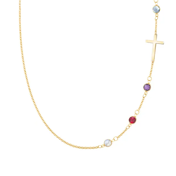 Personalized Classic Cross & 4 Birthstone Necklace in 14k Gold sold by Haverhill