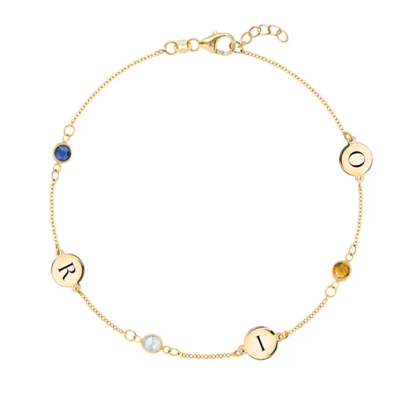 Personalized 3 Letter & 3 Classic Birthstone Bracelet in 14k Gold sold by Haverhill