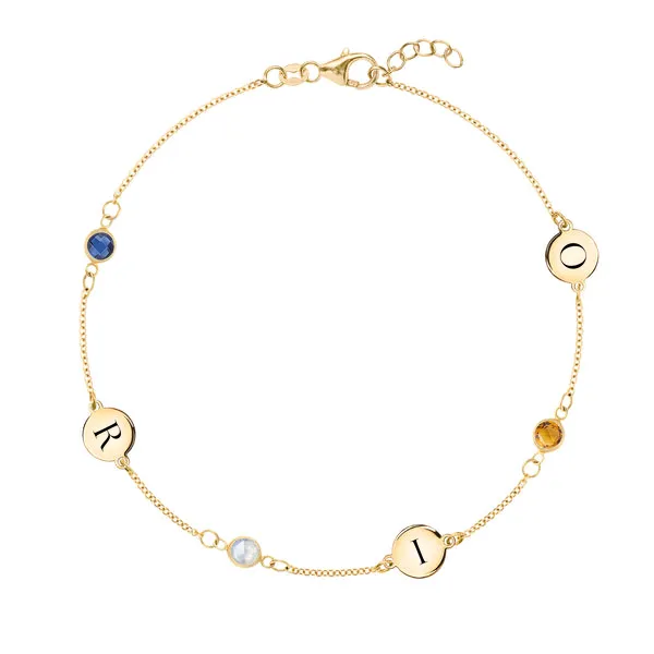 Personalized 3 Letter & 3 Classic Birthstone Bracelet in 14k Gold sold by Haverhill