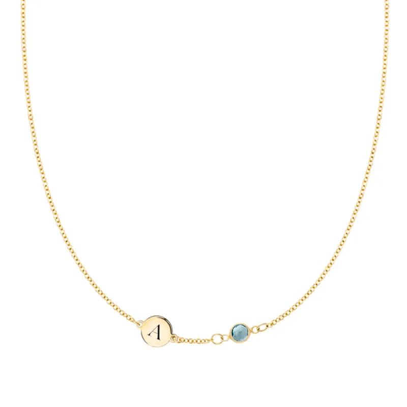 Personalized Classic 1 Letter & 1 Birthstone Necklace in 14k Gold (Single Spacing) sold by Haverhill
