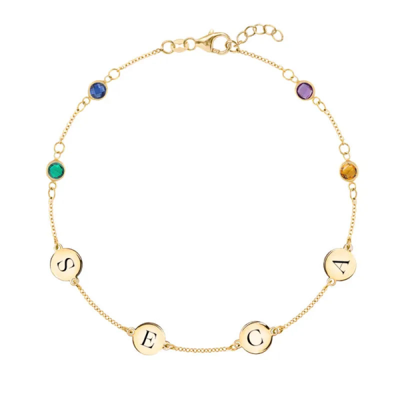 Personalized Classic 4 Letter & 4 Birthstone Bracelet in 14k Gold sold by Haverhill