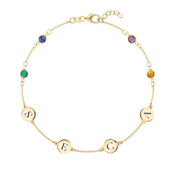 Personalized Classic 4 Letter & 4 Birthstone Bracelet in 14k Gold sold by Haverhill