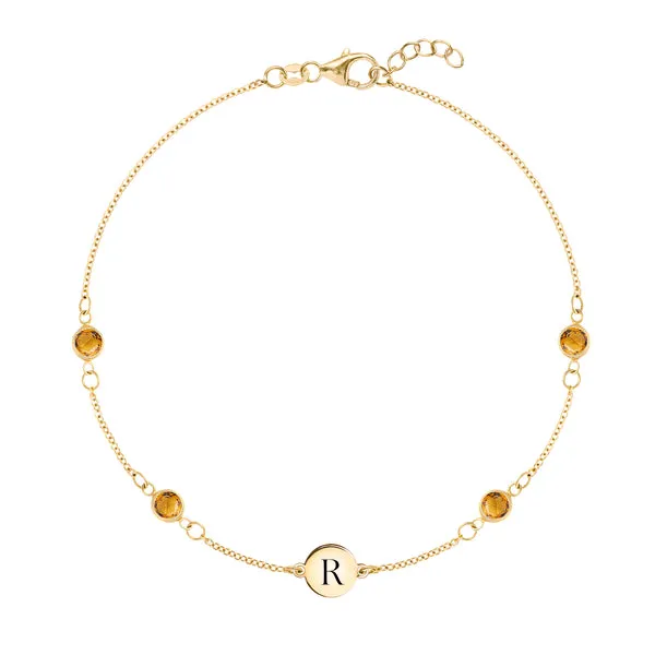 Personalized Classic 1 Letter & 4 Citrine Bracelet in 14k Gold (November) sold by Haverhill