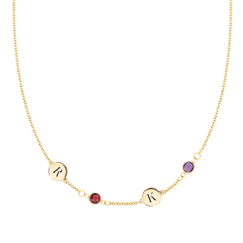 Personalized Classic 2 Letter & 2 Birthstone Necklace in 14k Gold (Single Spacing) sold by Haverhill