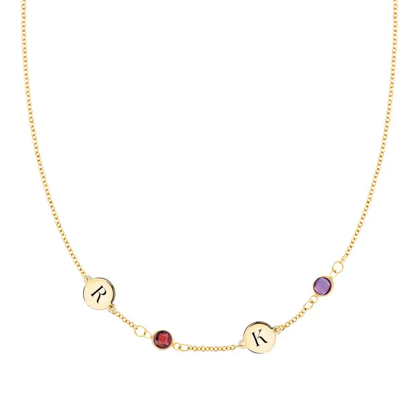 Personalized Classic 2 Letter & 2 Birthstone Necklace in 14k Gold (Single Spacing) sold by Haverhill