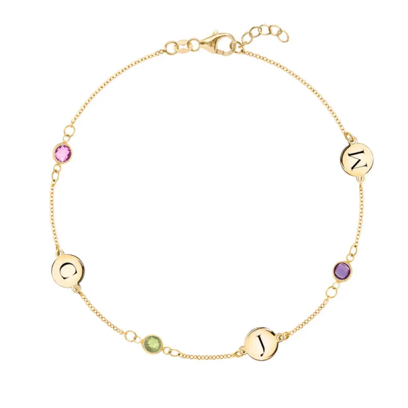 Personalized 3 Letter & 3 Classic Birthstone Bracelet in 14k Gold sold by Haverhill