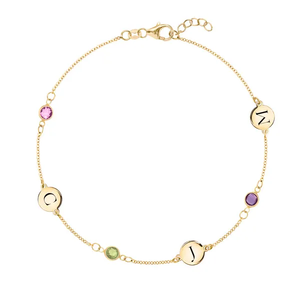 Personalized 3 Letter & 3 Classic Birthstone Bracelet in 14k Gold sold by Haverhill