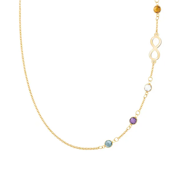 Personalized Classic Infinity & 4 Birthstone Necklace in 14k Gold sold by Haverhill