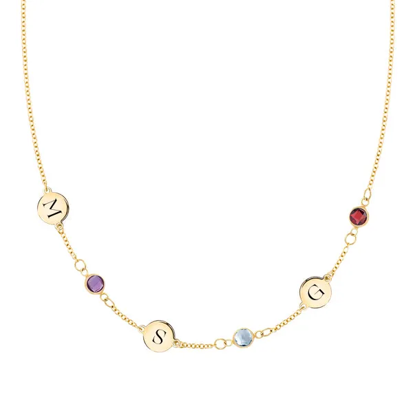 Personalized Classic 3 Letter & 3 Birthstone Necklace in 14k Gold (Single Spacing) sold by Haverhill