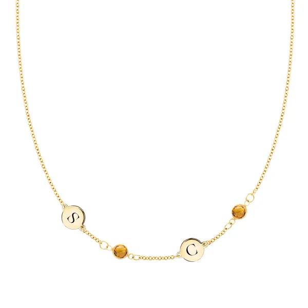 Personalized Classic 2 Letter & 2 Birthstone Necklace in 14k Gold (Single Spacing) sold by Haverhill