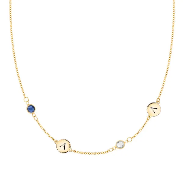 Personalized Classic 2 Letter & 2 Birthstone Necklace in 14k Gold (Double Spacing) sold by Haverhill