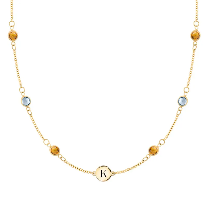 Personalized 1 Letter & 6 Classic Birthstone Necklace in 14k Gold (Double Spacing) sold by Haverhill